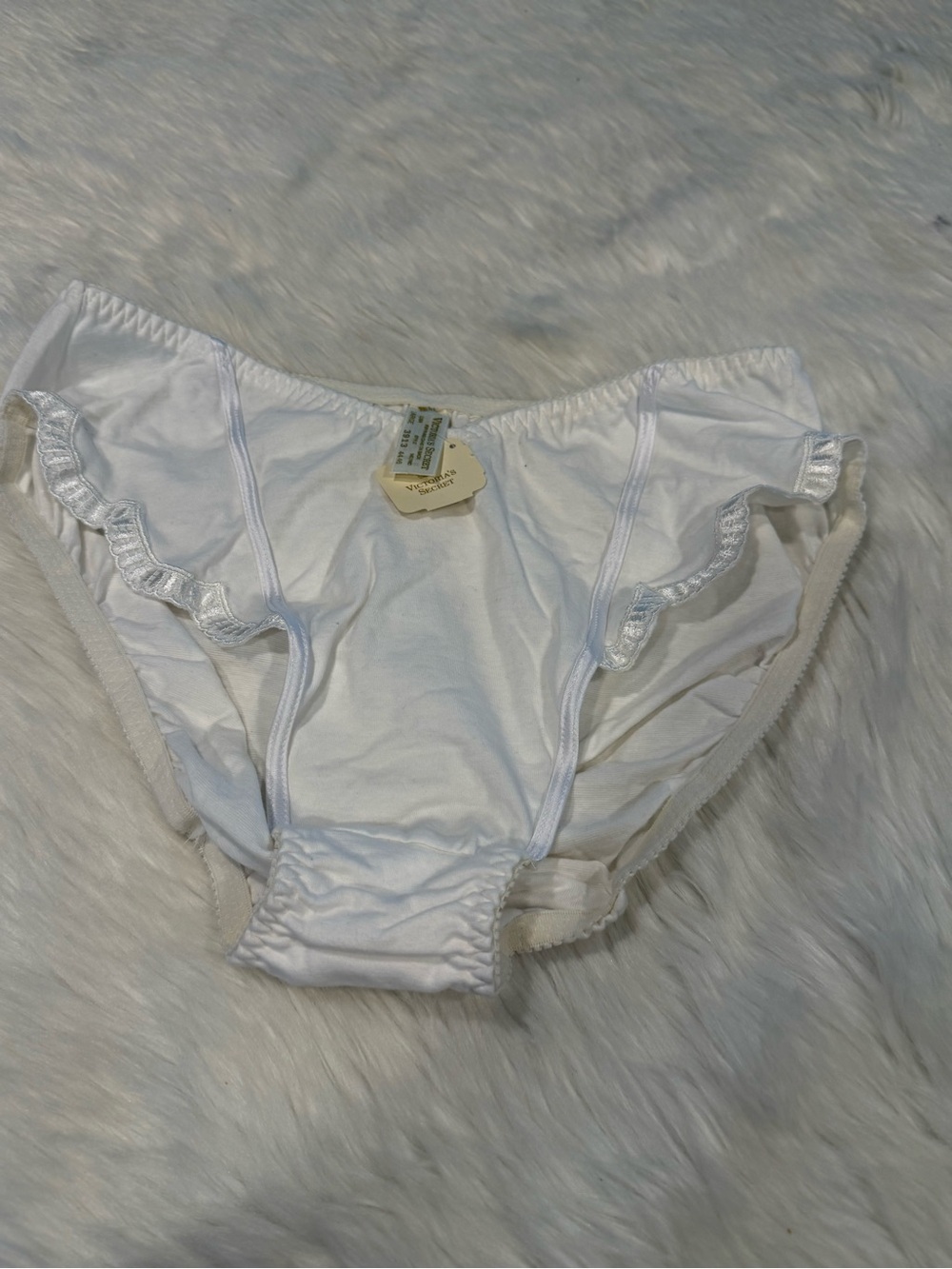 Vintage 89s Victoria's Secret White Cotton Ruffle Trim Briefs Gold Crown Size L
